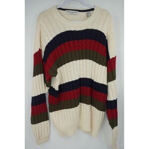 John Ashford Sweater Men's XL Cream Multicolor Stripe Cotton Knit Crewneck 90s